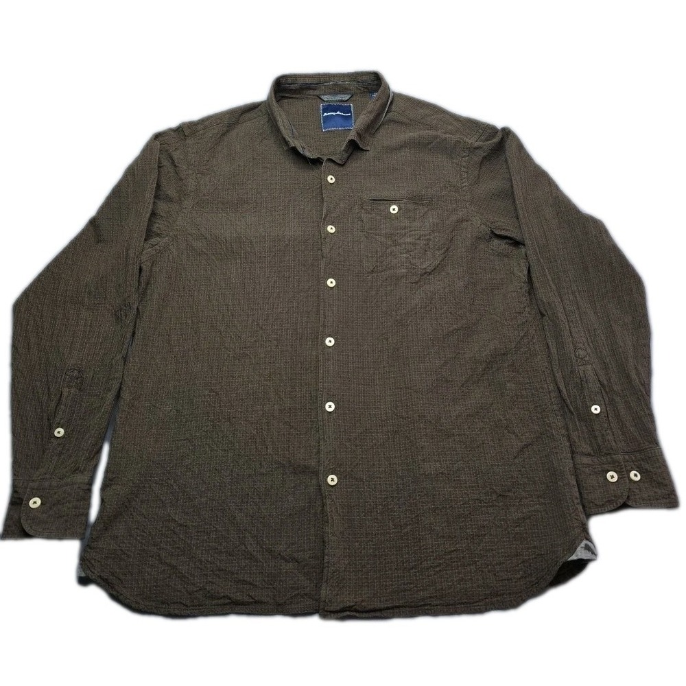 Tommy Bahama Mens Brown Print Size XL Silk Cotton Blend Button Shirt Long Sleeve